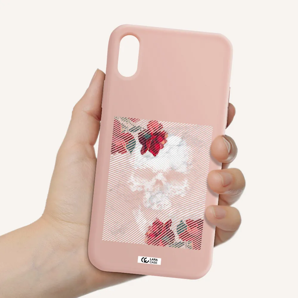 Rose And Skull Pattern Line Apple iPhone X Silicone pastel pink Case