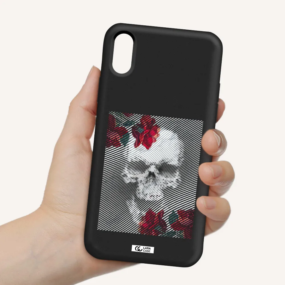 Rose And Skull Pattern Line Apple iPhone XS Silicone black Case