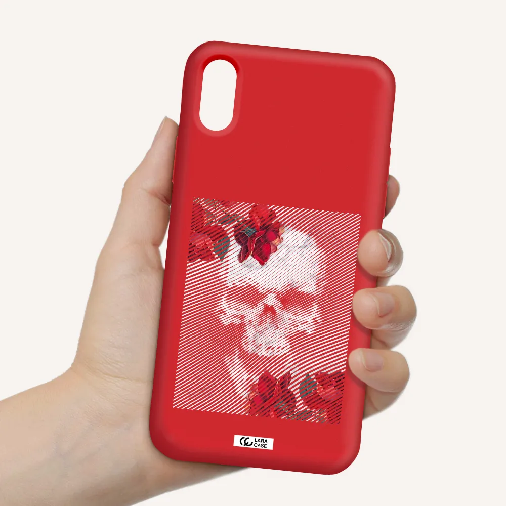 Rose And Skull Pattern Line Apple iPhone XS Silicone Imperial Red Case