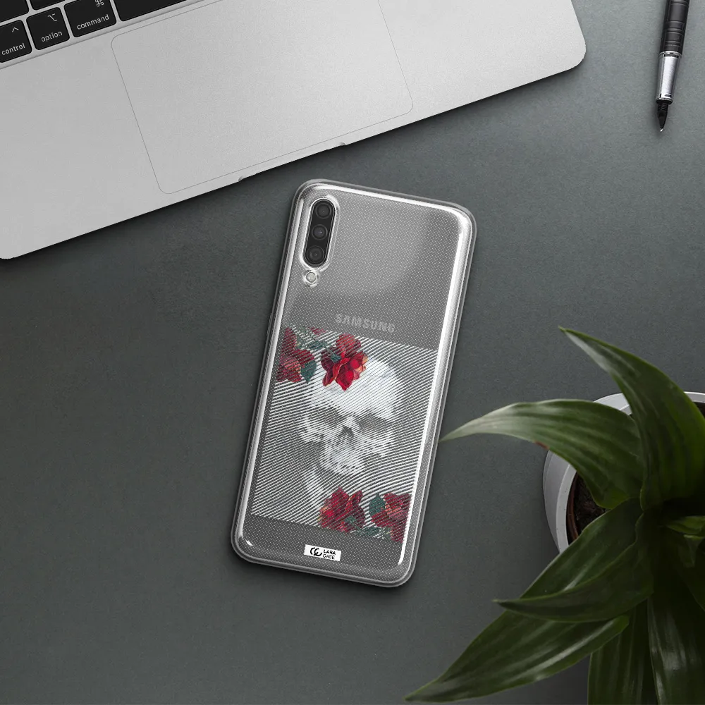 Rose And Skull Pattern Line Samsung A30S Clear TPU Case